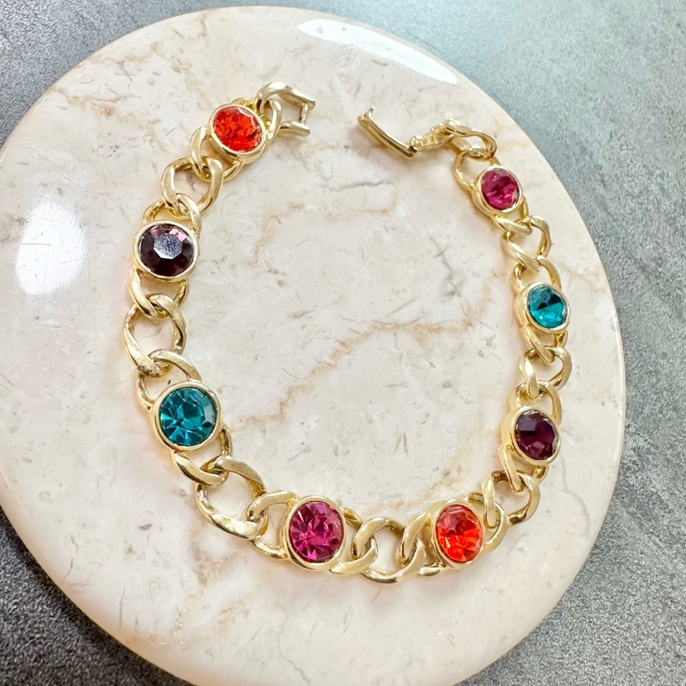 Vintage Gold Plated Multicolor Crystal Link Bracelet